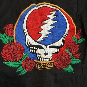Jayli Black Top with Red and Blue Skull Design